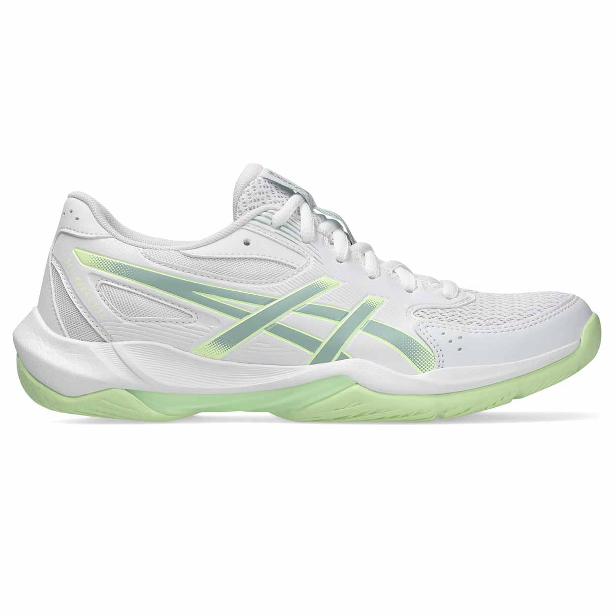 A white athletic sneaker with mint green and light green accents, shown in a side profile view against a plain white background.