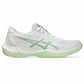 A white athletic sneaker with mint green and light green accents, shown in a side profile view against a plain white background.