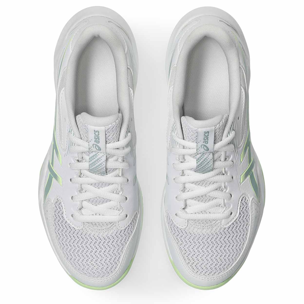A pair of white Asics running shoes shown from a top-down view on a clean white background, featuring light green accents on the side stripes and tongue.