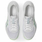 A pair of white Asics running shoes shown from a top-down view on a clean white background, featuring light green accents on the side stripes and tongue.
