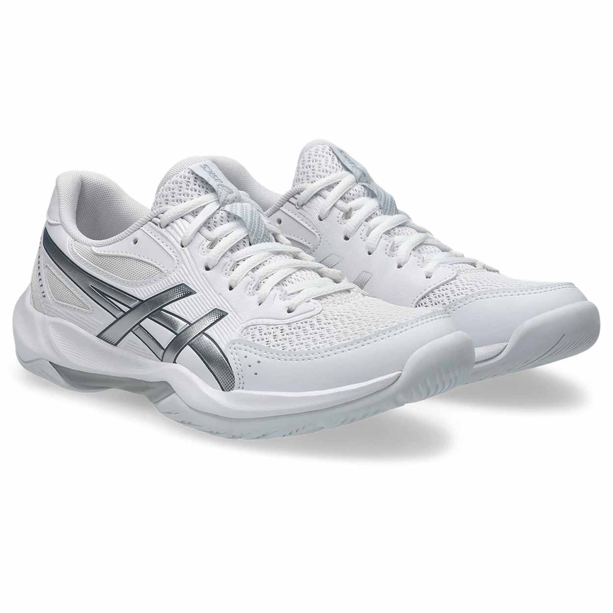 White athletic shoes with gray accents on a white background