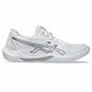 White athletic shoe with brand logo on a white background