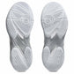 Close-up of gray athletic shoes with sole pattern on a white background
