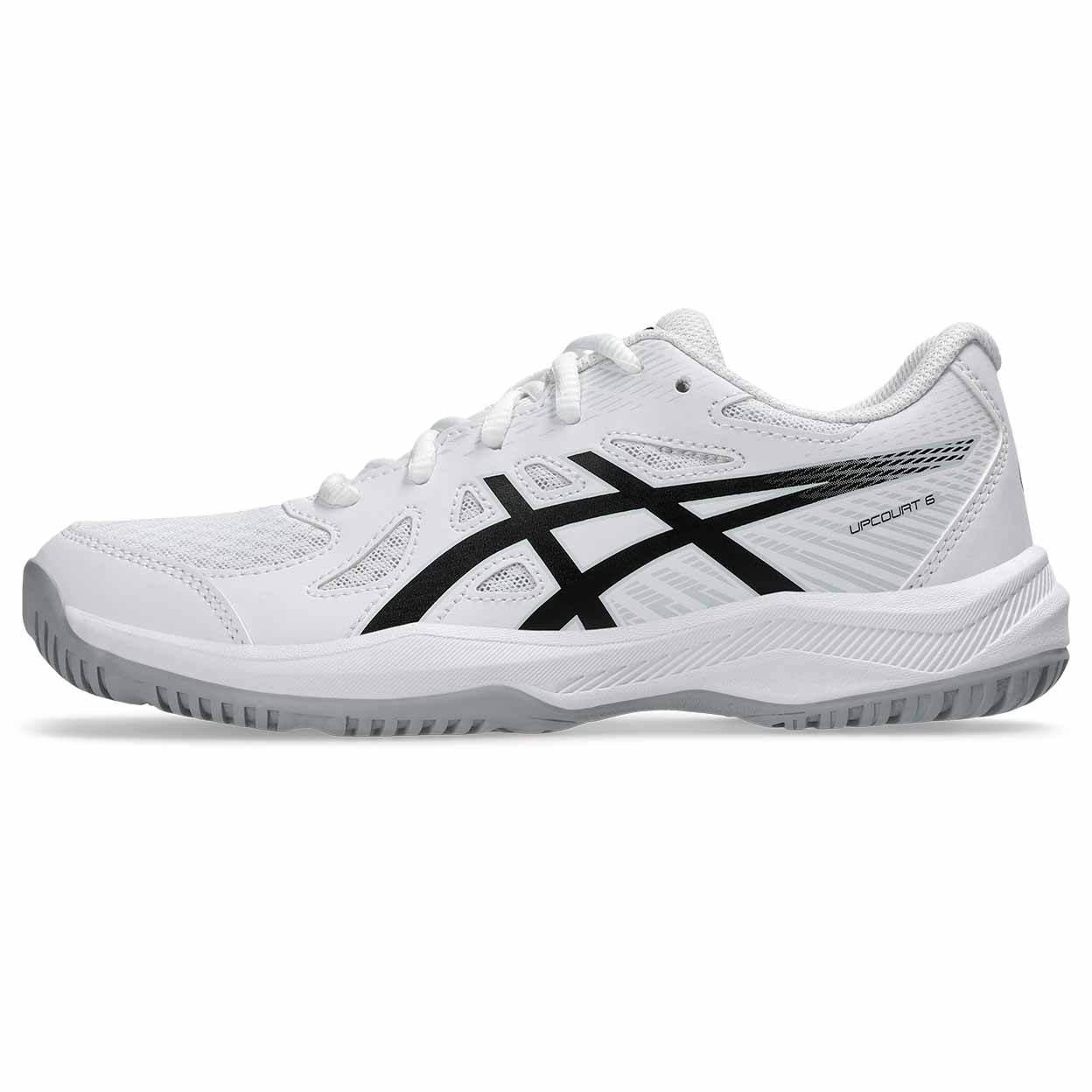 White athletic shoe with black accents on a white background