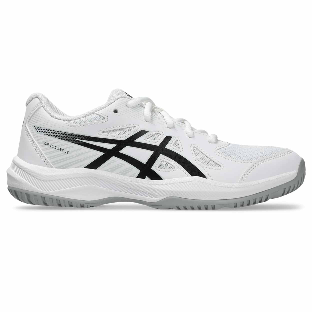 White athletic shoe with black accents on a white background