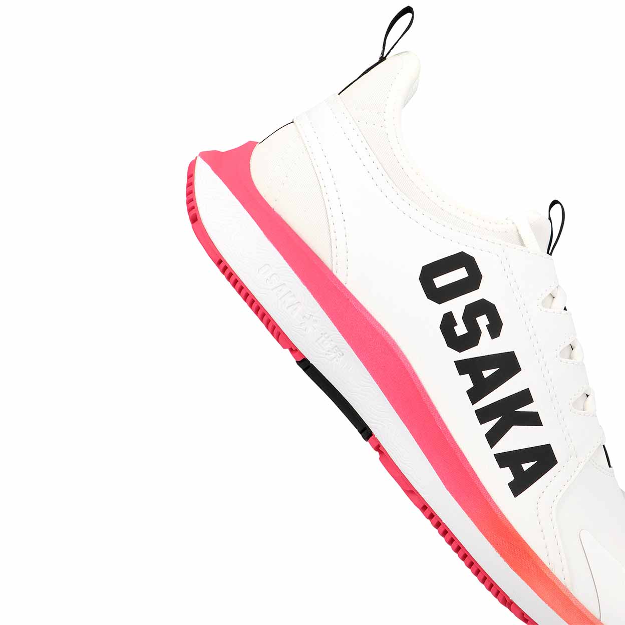 Side logo of the white and pink Osaka Furo Court Indoor Shoes