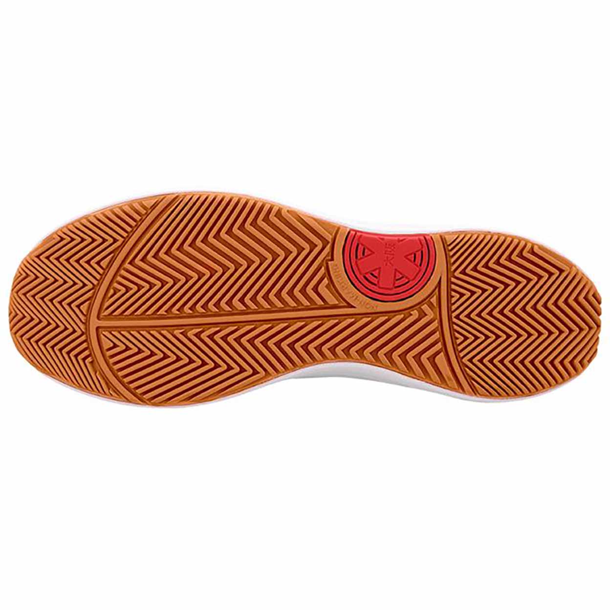 Close-up of a shoe sole with a red logo on a white background