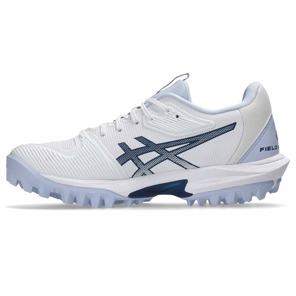 White and blue sports shoe with cleats on a white background