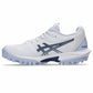 White and blue sports shoe with cleats on a white background