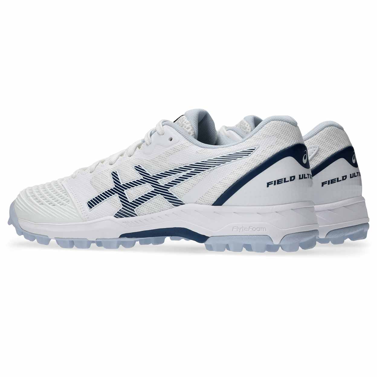 White sports shoes with blue accents on a white background