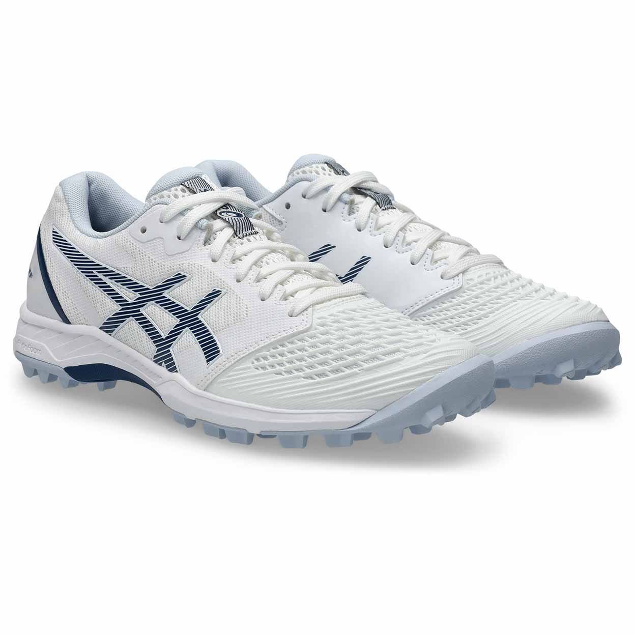 White sports shoe with blue accents on a white background
