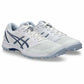 White sports shoe with blue accents on a white background