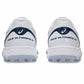 A pair of white Asics Field hockey shoes shown from the rear, featuring navy blue branding and logos on a clean white background.
