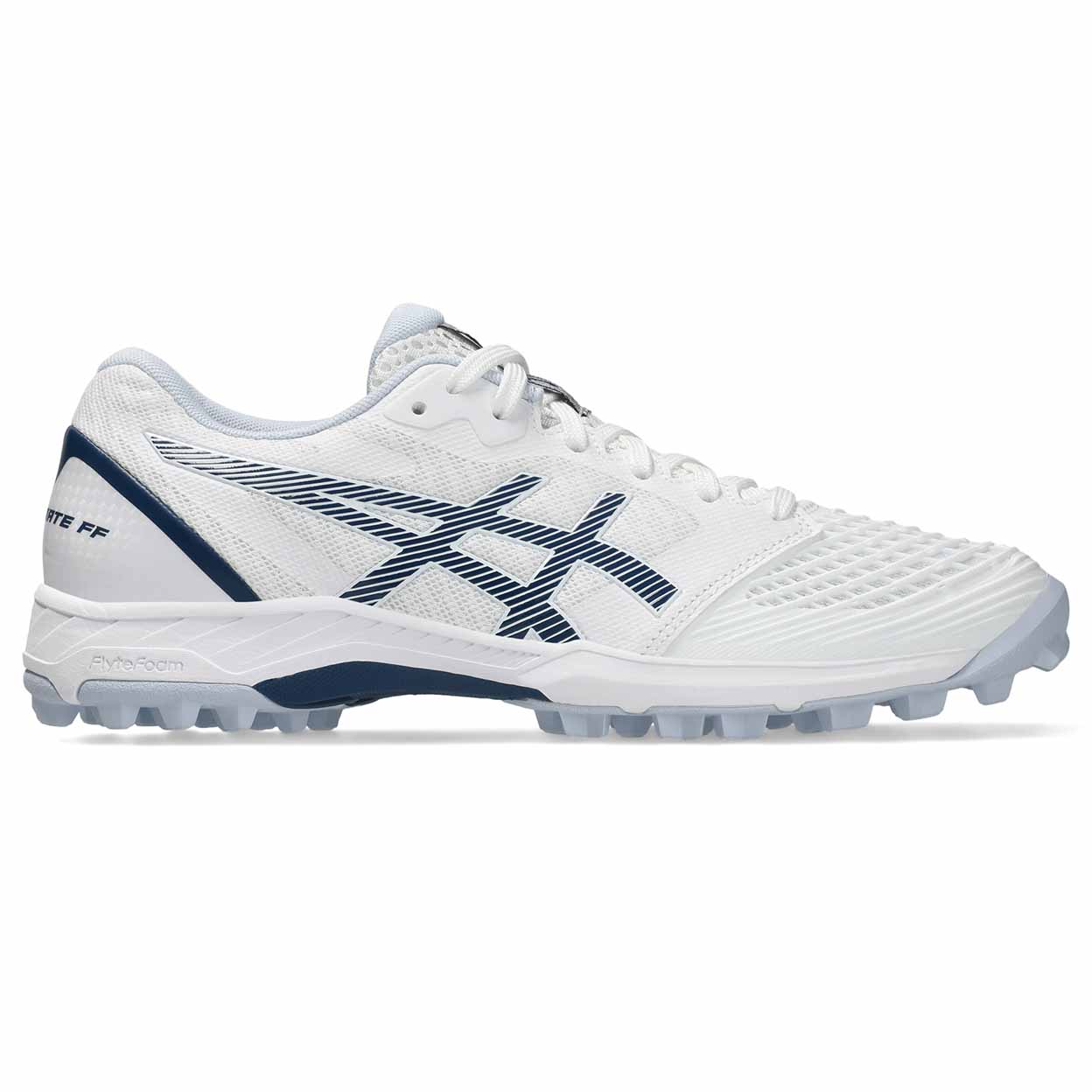 A white Asics athletic shoe with navy blue accents and logo detailing, shown in a side profile view against a clean white background.
