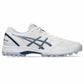 A white Asics athletic shoe with navy blue accents and logo detailing, shown in a side profile view against a clean white background.