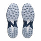 The outsoles of a pair of athletic shoes, showing a light gray and white tread pattern with dark navy blue sections, photographed on a clean white background.