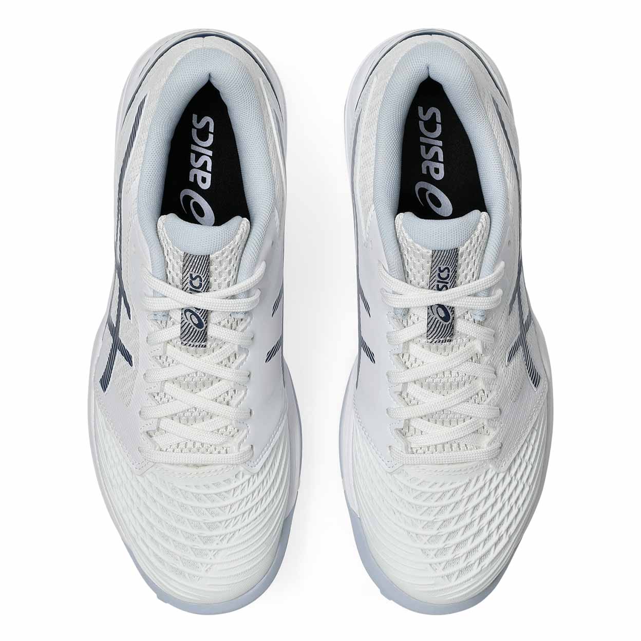 White turf shoes with black ASICS logo on a white background