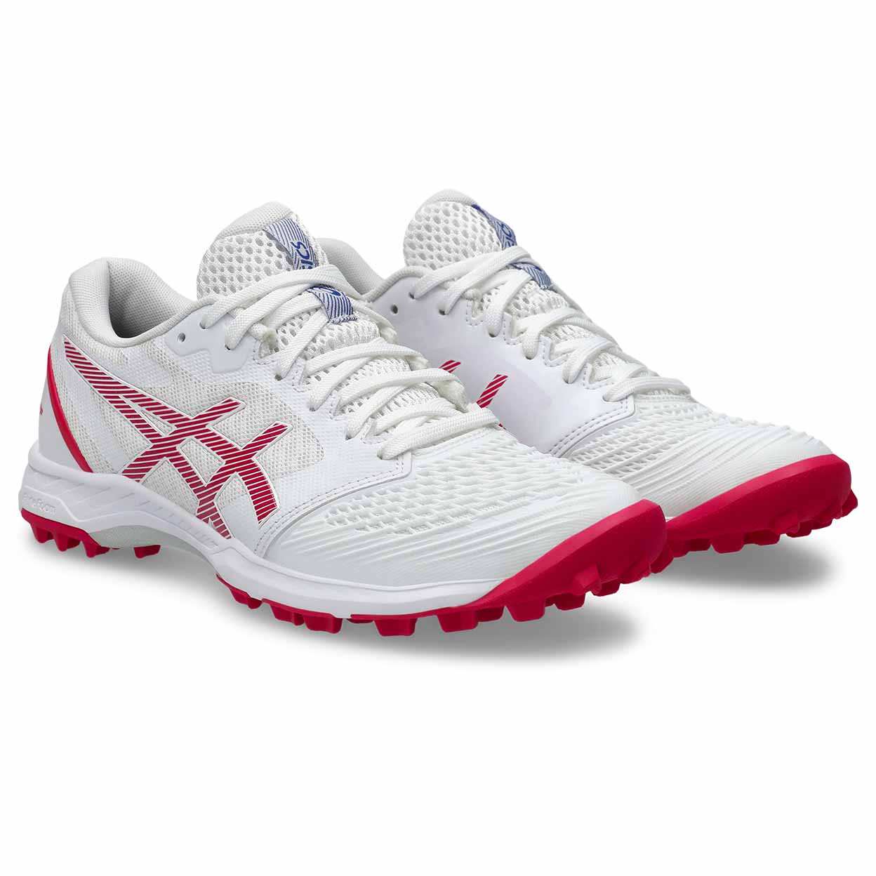 Front view of pair of white ASICS Field Ultimate FF 2 turf shoes showing toe area and tread