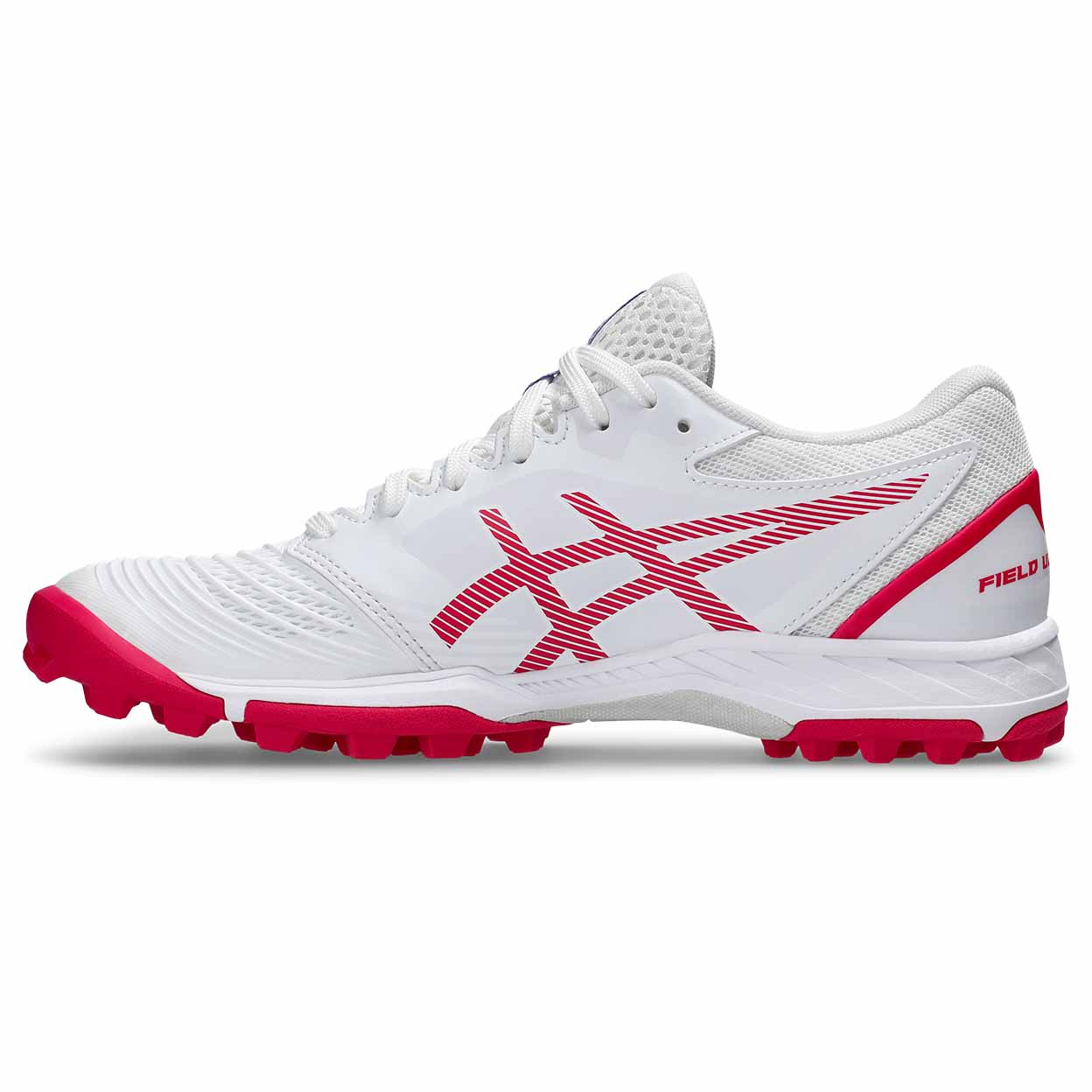 Side view of white ASICS Field Ultimate FF 2 turf shoe showing pink accents and textured upper