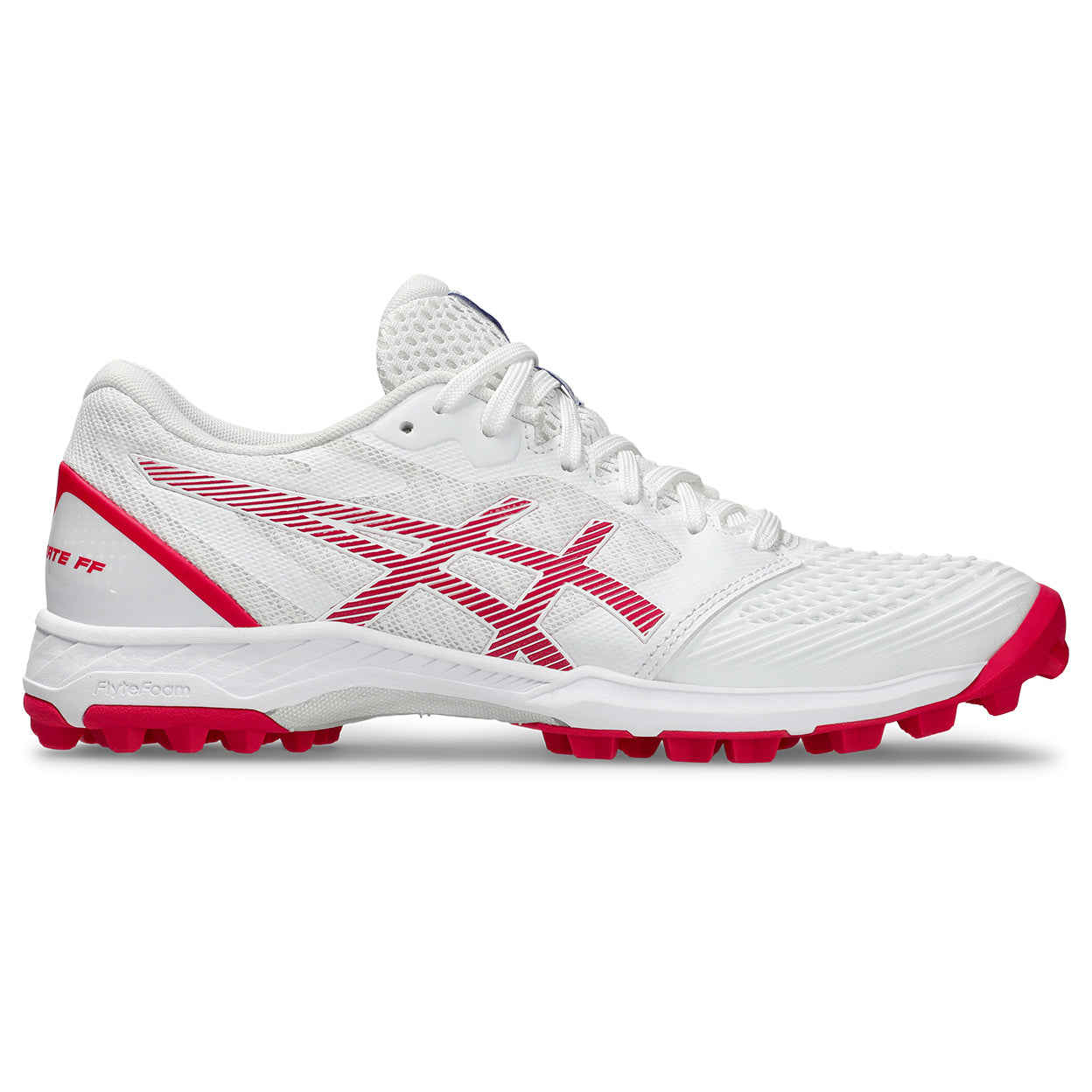 Side view of white ASICS Field Ultimate FF 2 turf shoe showing pink accents and textured upper