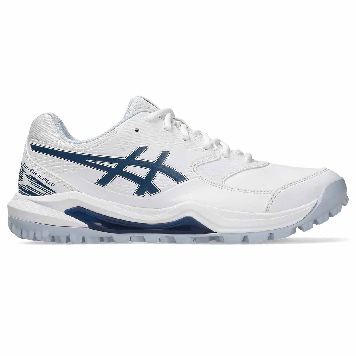 side of the blue and white Asics Gel-Lethal Field 2 Turf Shoes