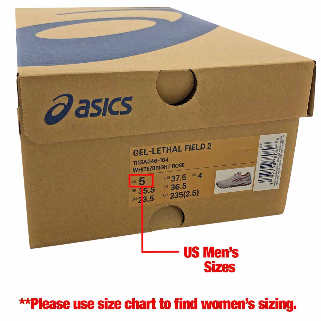 Asics shoe box with size chart for US Men's sizes on a white background