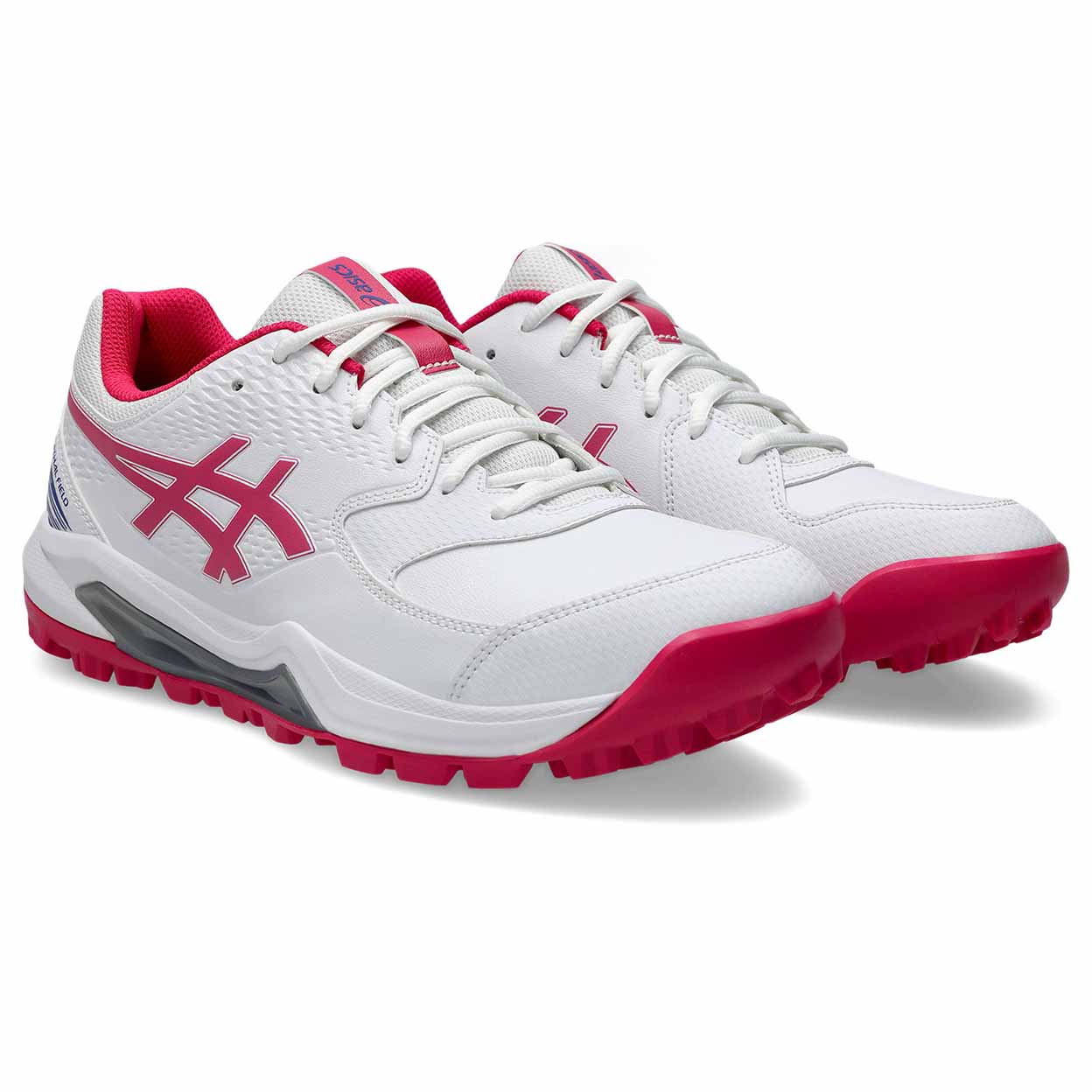angled view from front of the pink and white Asics Gel-Lethal Field 2 Turf Shoes