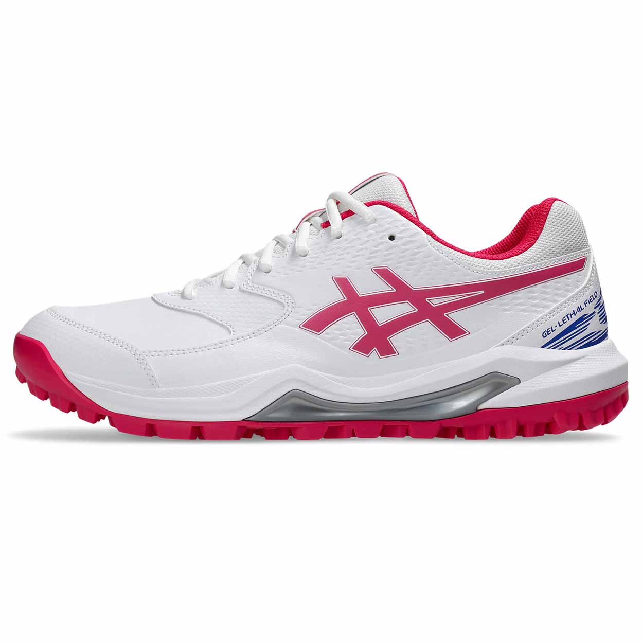 side of the pink and white Asics Gel-Lethal Field 2 Turf Shoes facing left