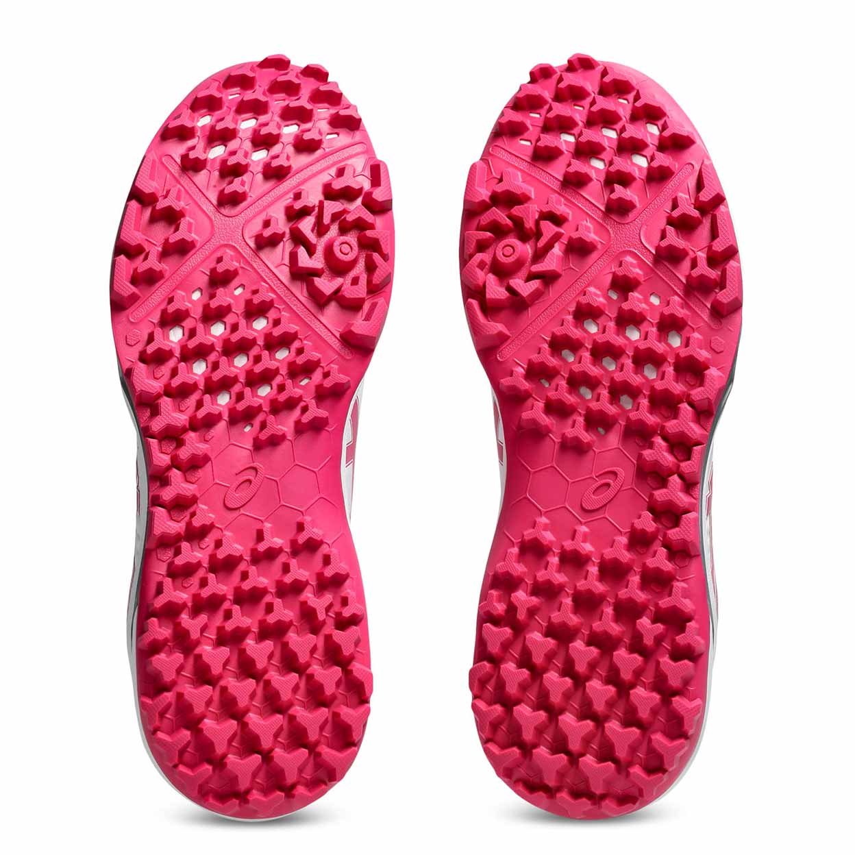soles of the pink and white Asics Gel-Lethal Field 2 Turf Shoes