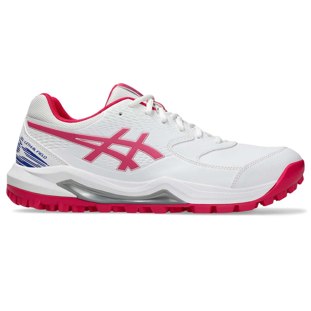 side of the pink and white Asics Gel-Lethal Field 2 Turf Shoes