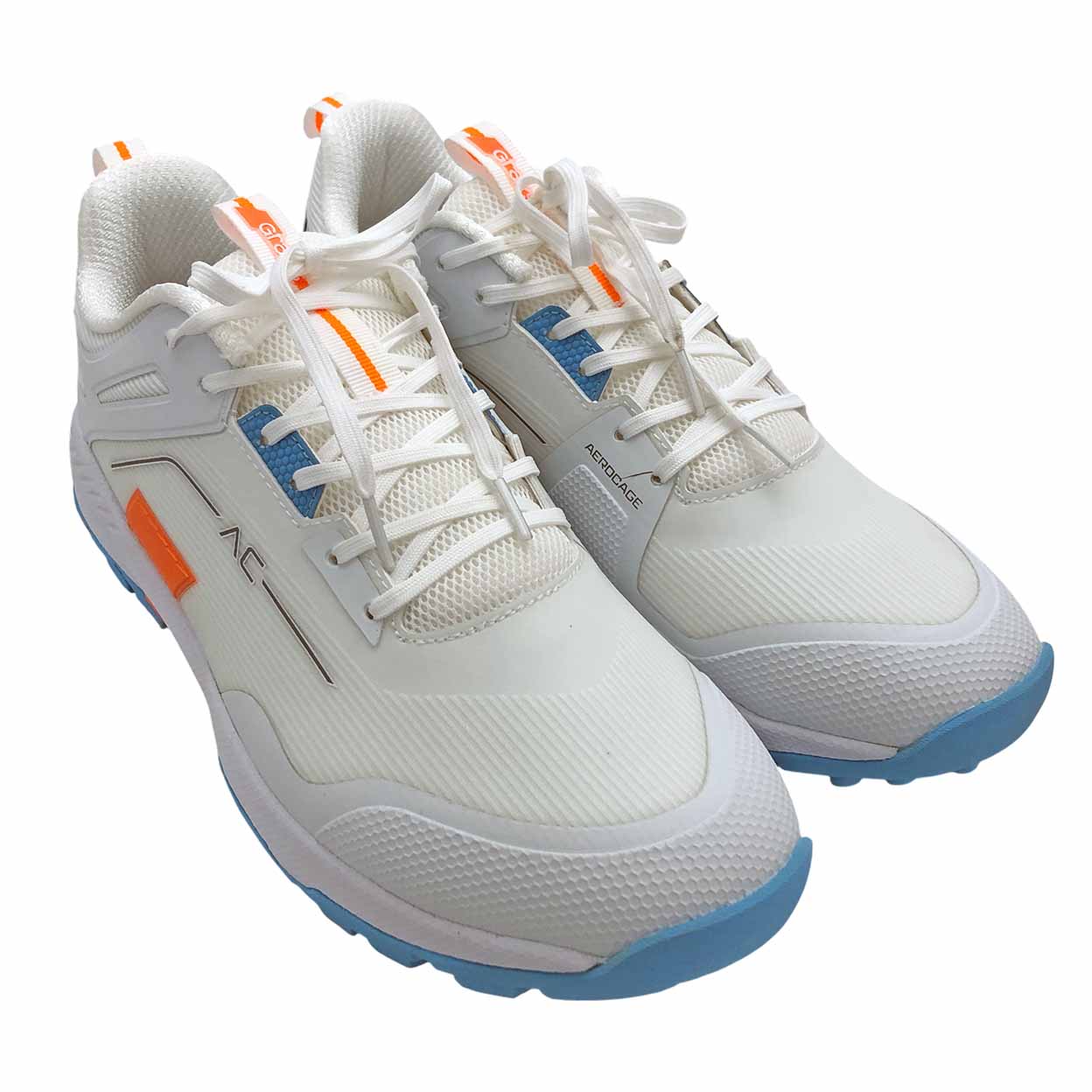 White turf shoes with blue and orange accents on a white background