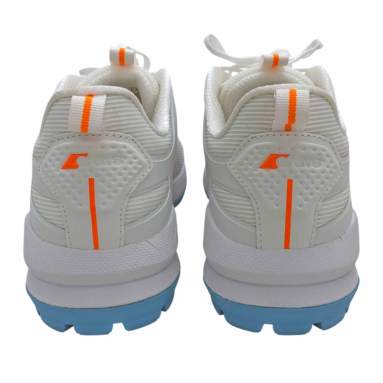 White sports shoes with orange accents and blue soles on a white background