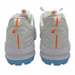 White sports shoes with orange accents and blue soles on a white background