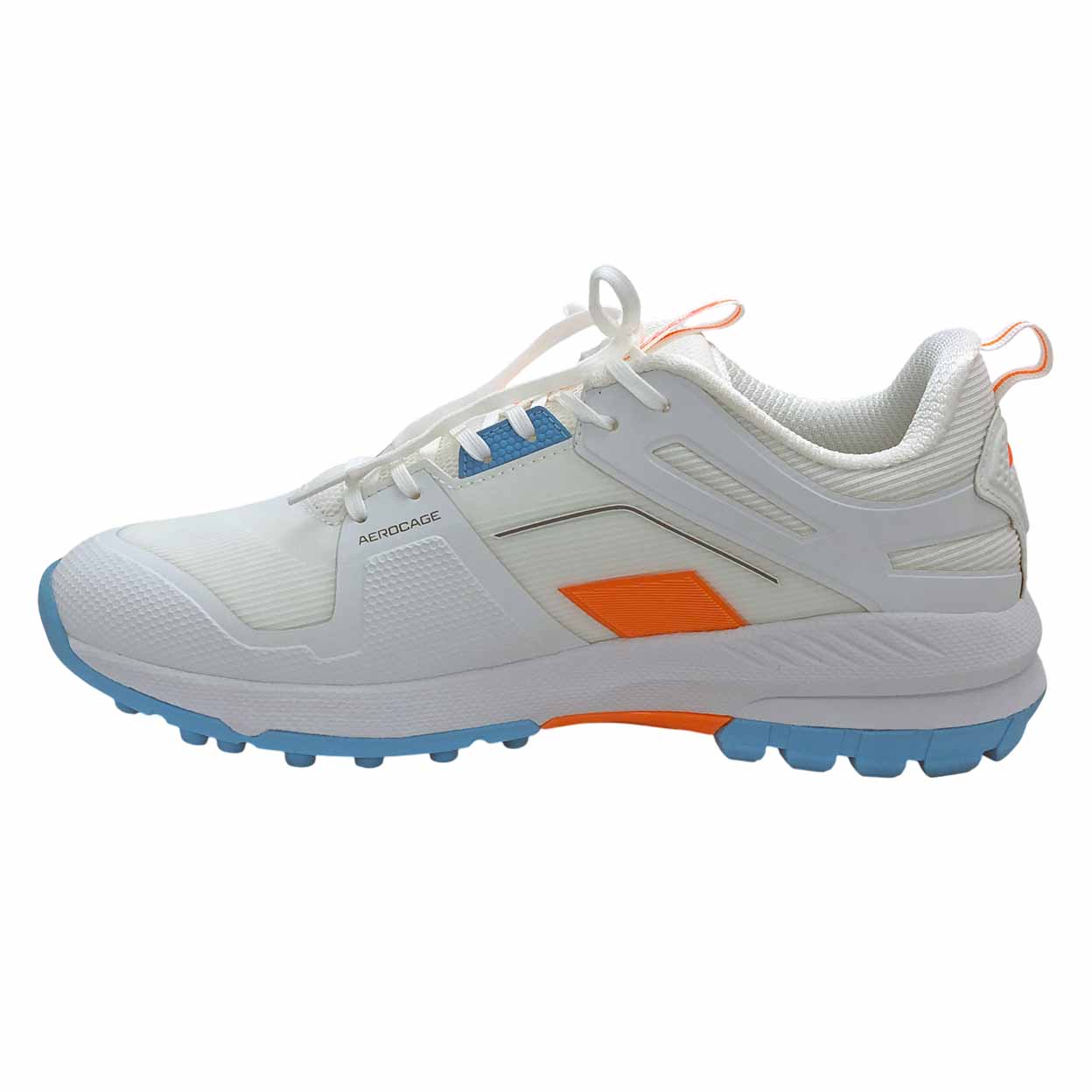 White sports shoe with orange and blue accents on a white background