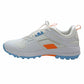 White sports shoe with orange and blue accents on a white background