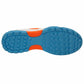 Close-up of a shoe sole with blue tread pattern and orange accents on a white background