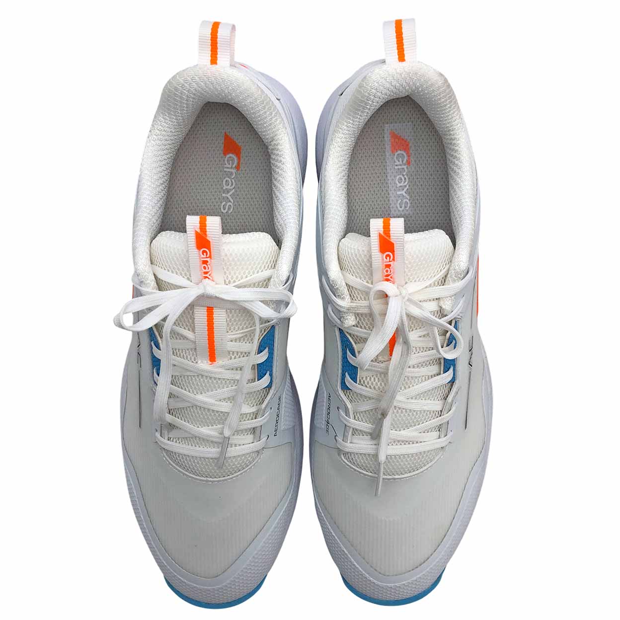 White sneakers with orange and blue accents on a white background