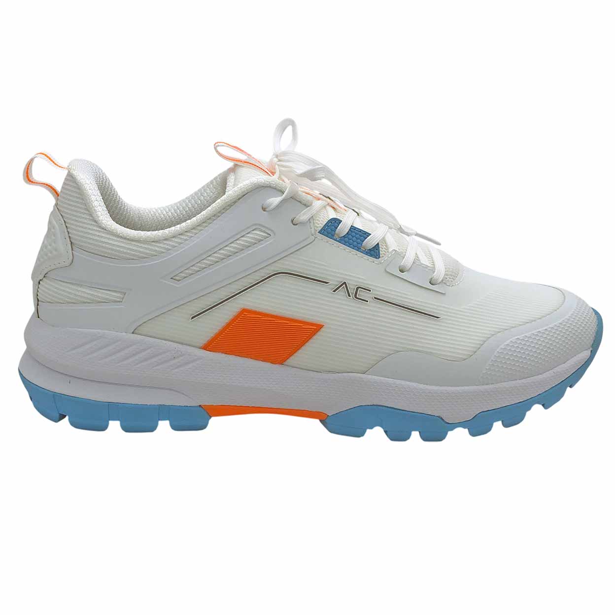 White sports shoe with orange and blue accents on a white background