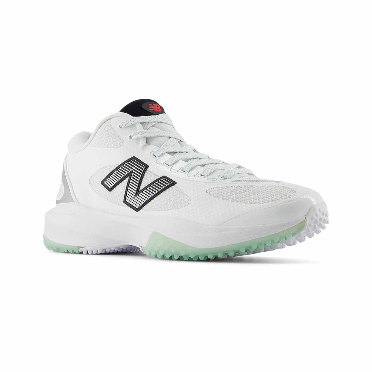 White athletic shoe with green sole on a white background