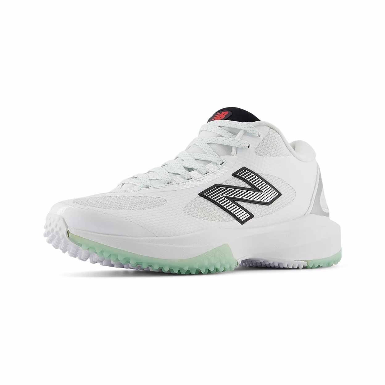 White athletic shoe with green sole on a white background