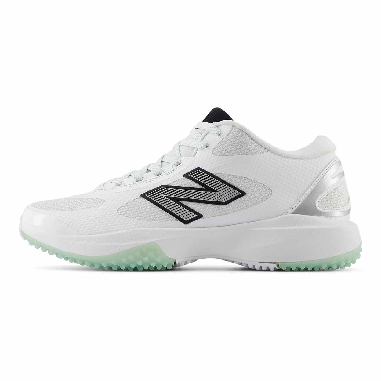 White athletic shoe with black logo on a white background
