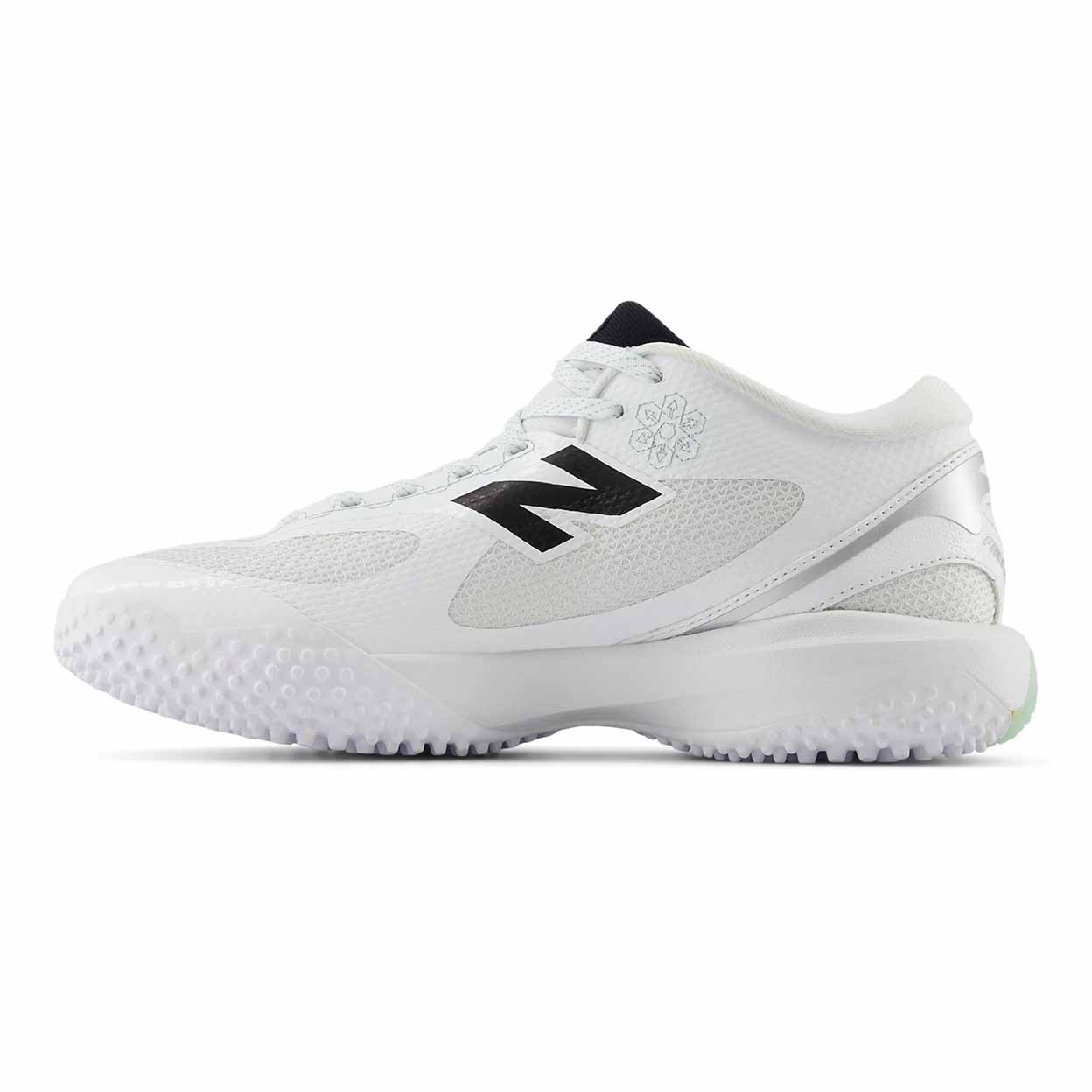 White athletic shoe with black logo on a white background