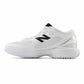 White athletic shoe with black logo on a white background