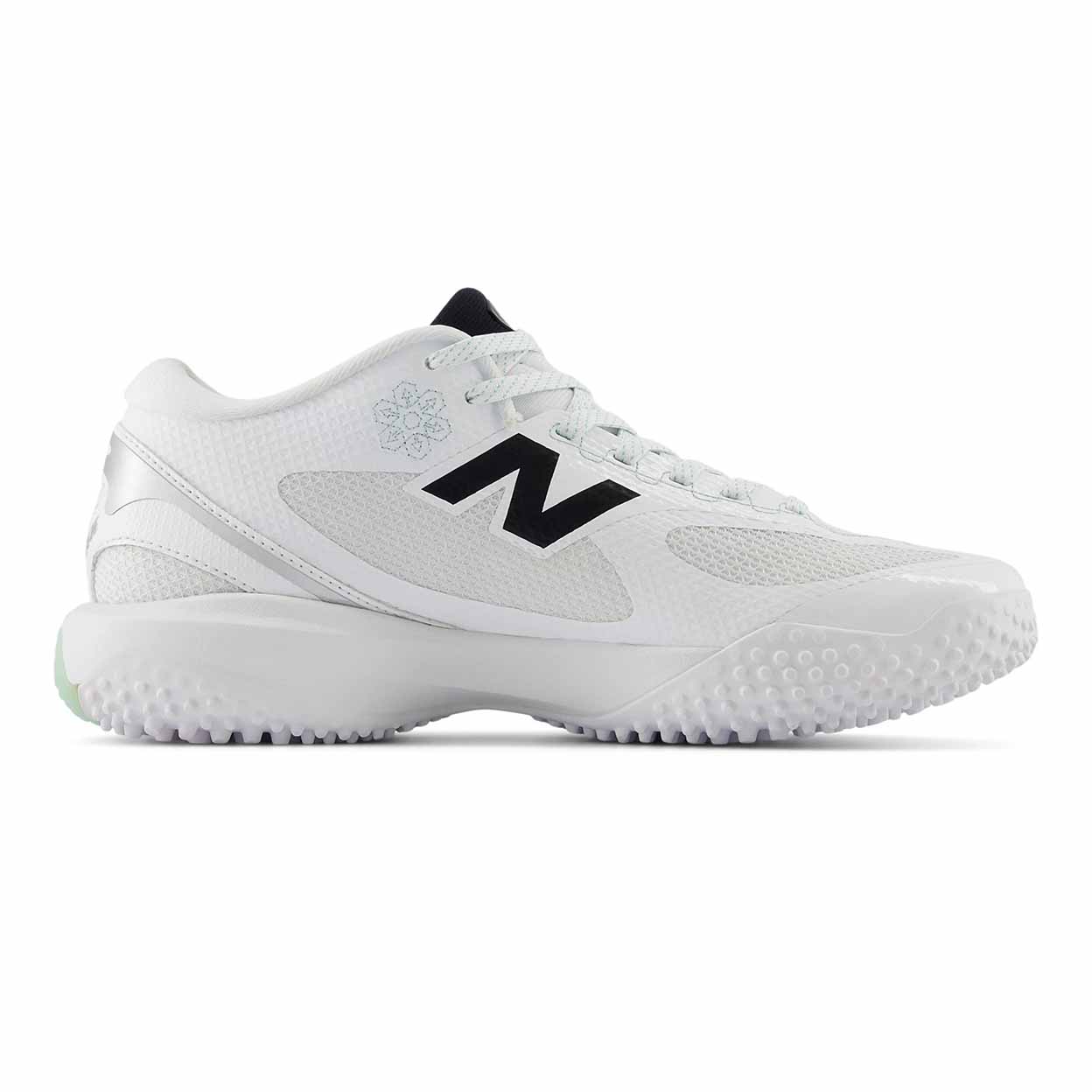 White athletic shoe with black logo on a white background