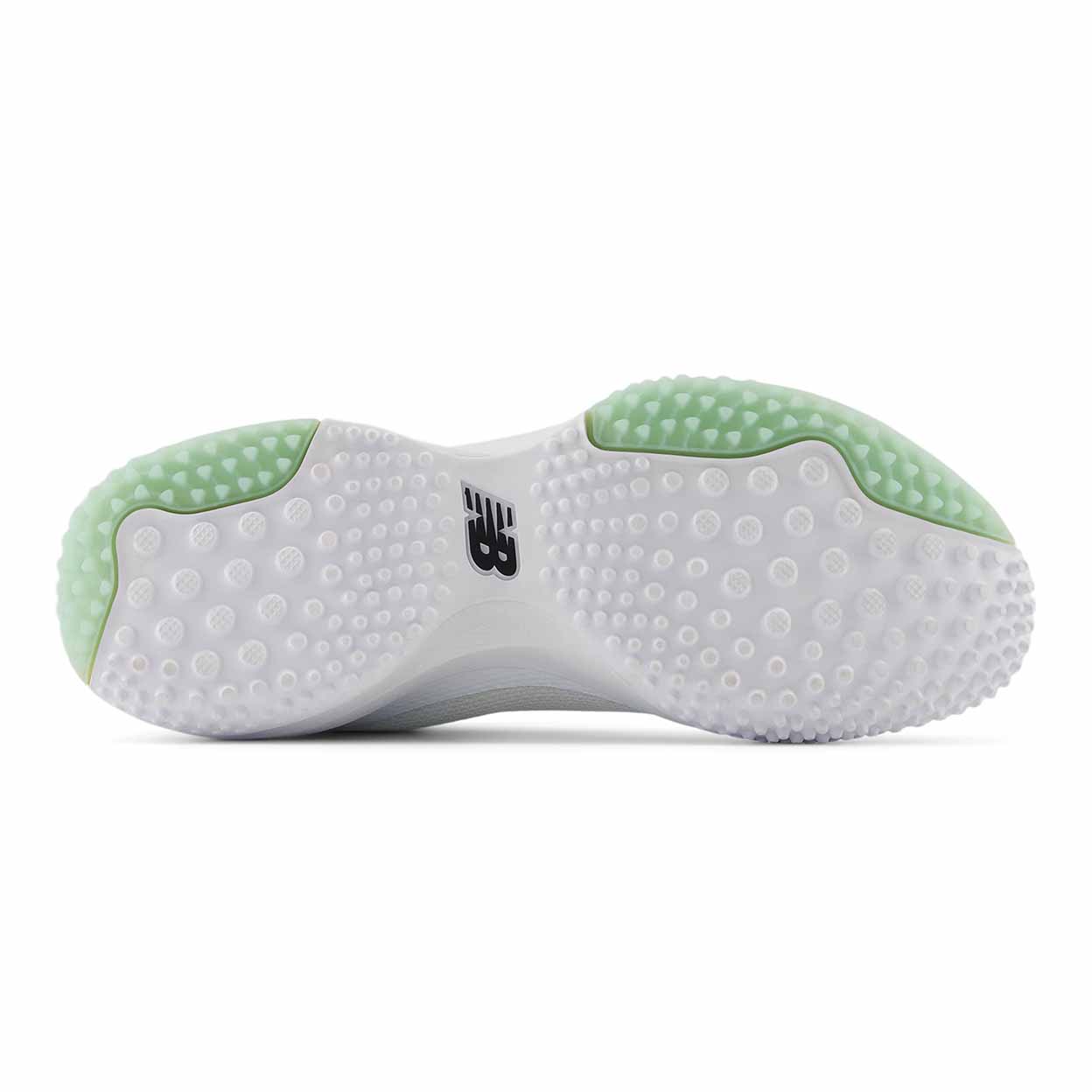 White athletic shoe with green sole on a white background