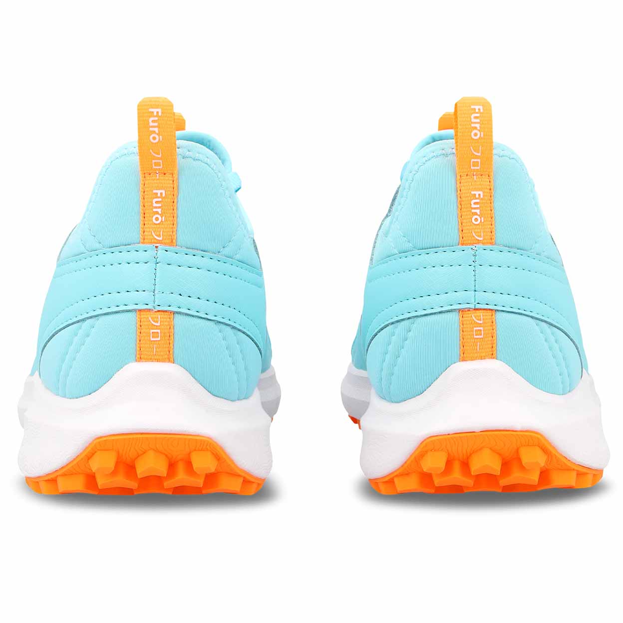 Light blue turf shoes with orange soles and heel counters on a white background