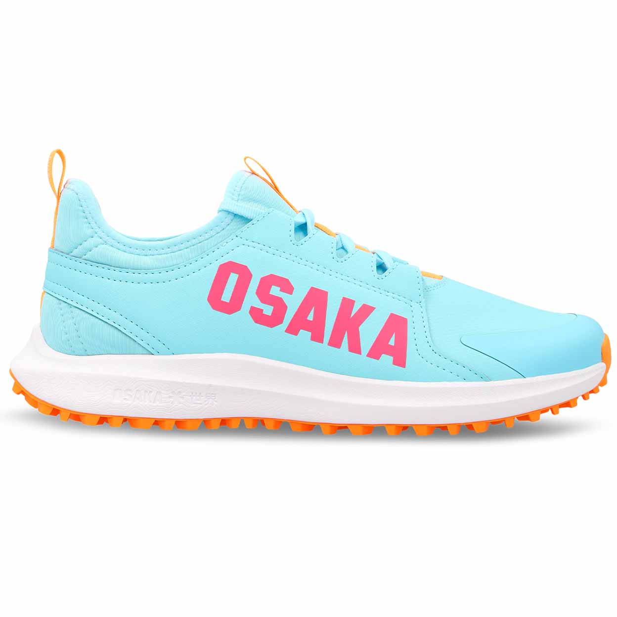 Light blue turf shoe with pink 'OSAKA' branding on a white background