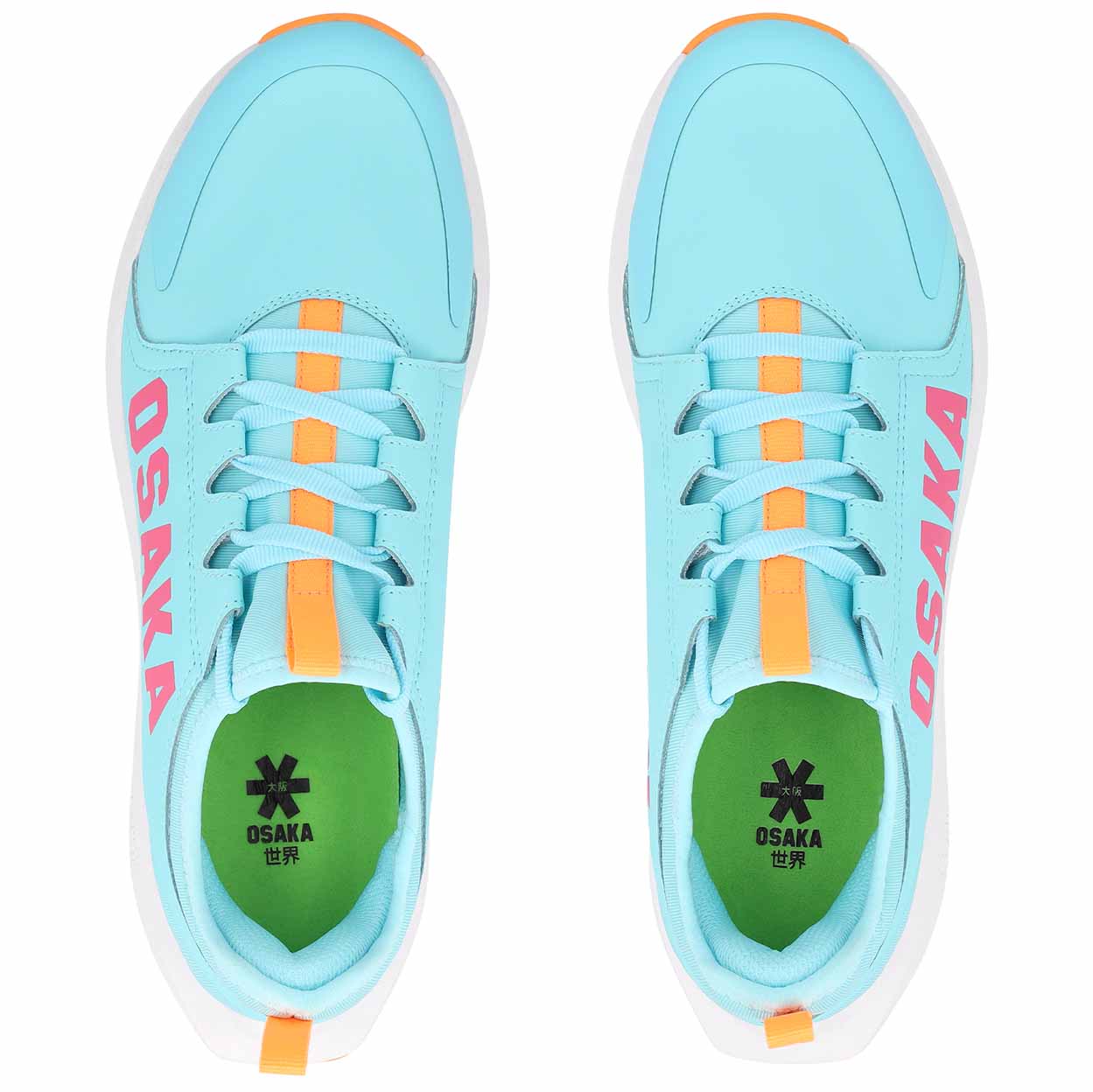 Light blue turf shoes with orange accents and 'Osaka' branding on a white background