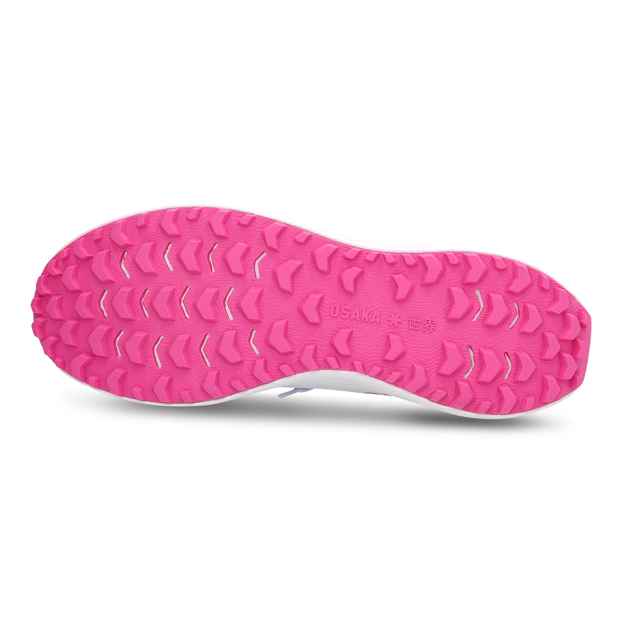 Pink sole of a shoe with brand logo on a white background