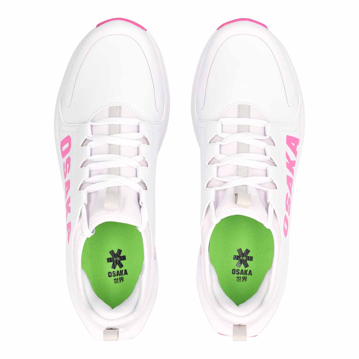 White sneakers with green accents and Osaka branding on a white background